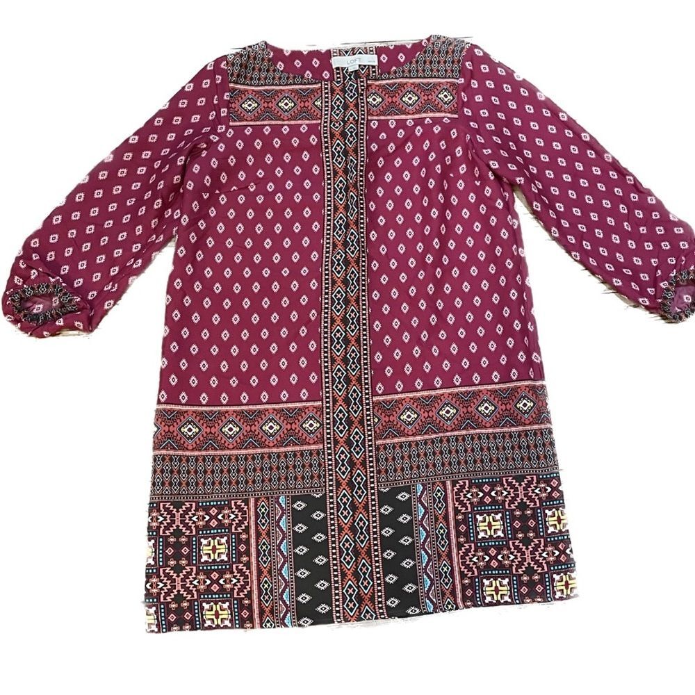Ann Taylor Loft XSP extra small dress burgundy geometric pattern NWT